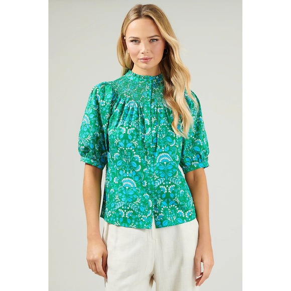Sugarlips Tops - Sugarlips Womens XL Green Blue Floral Smocked Blouse cottage core boho